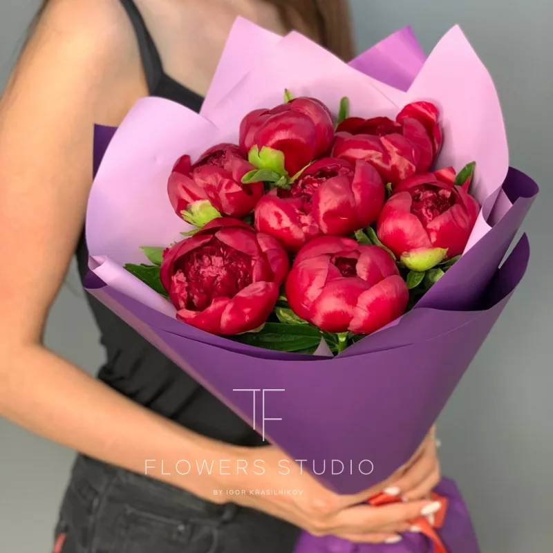 7 бордовых пионов