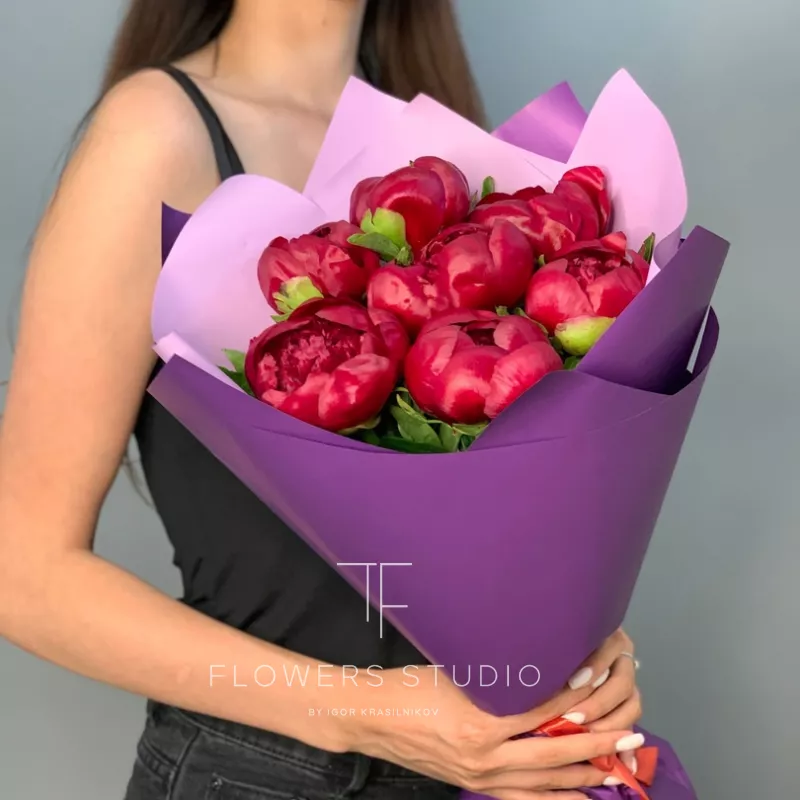 7 бордовых пионов 1